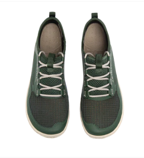 Loyak AC | Astral green minimalist athletic shoes. A pair of dark green barefoot-style lace-up shoes, top view.