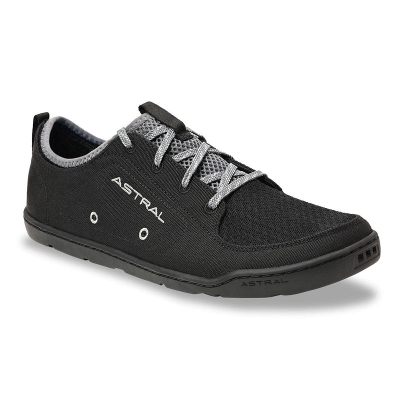 Side view of black Astral Loyak water shoes with gray laces and mesh upper on a white background.