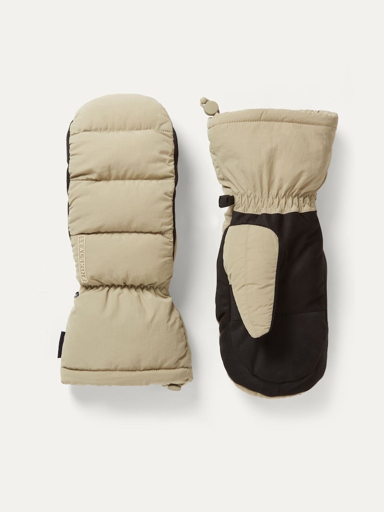Sealskinz Langley Gloves, a pair of warm beige and black quilted mittens for cold weather.