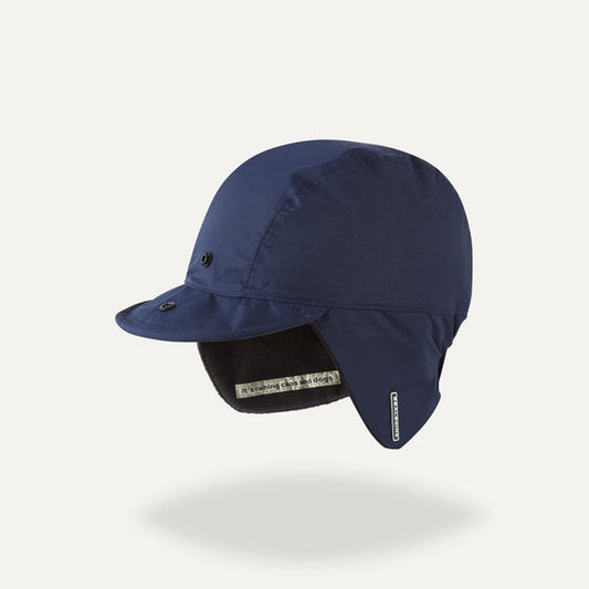 Sealskinz navy blue waterproof ear flap hat with a short brim, designed for weather protection and outdoor activities.