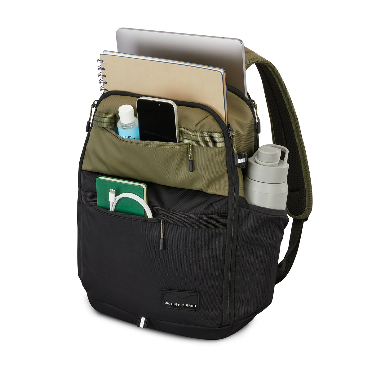 High Sierra 24/7 Pro Backpack in olive green & black, open to reveal laptop, notebook, phone, water bottle & more.