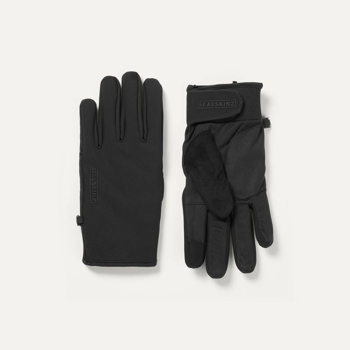 Black Sealskinz Langley Gloves, a pair. One glove shows the brand logo, the other displays a textured palm for grip.