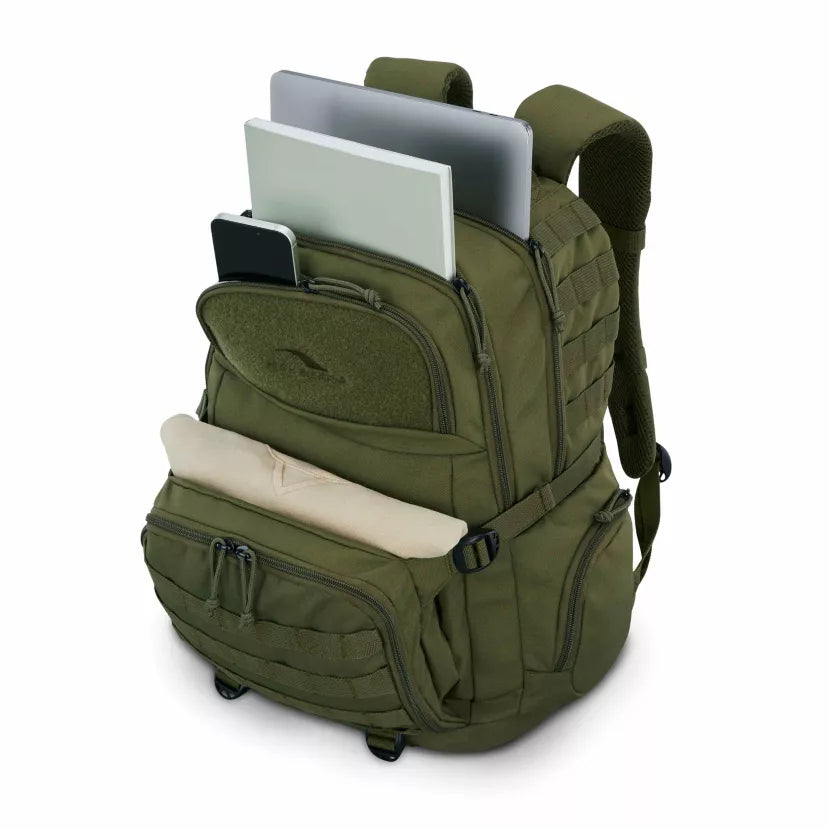 High Sierra Pathsetter Backpack in green, with laptops, phone, and shirt stored inside.