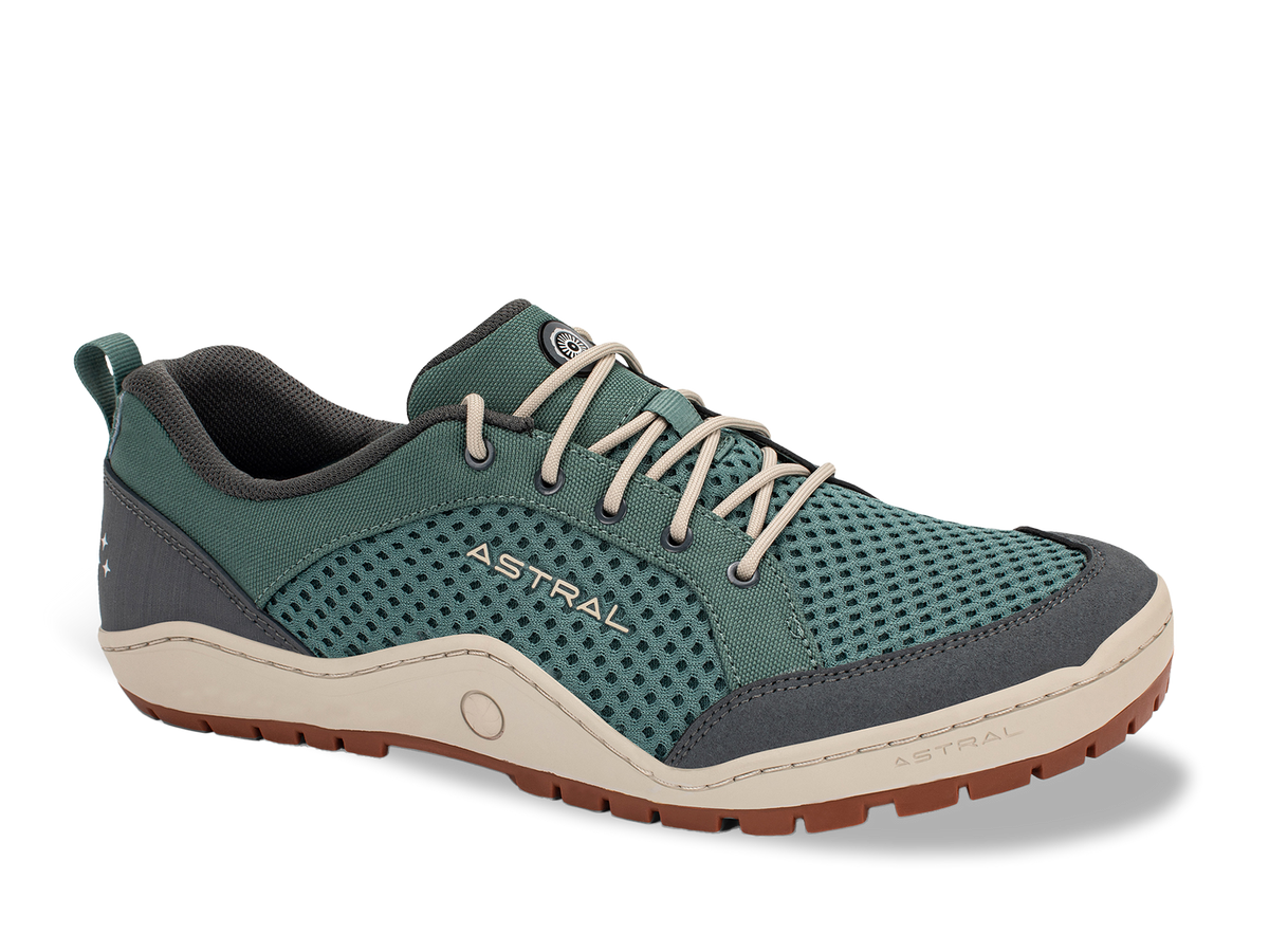Astral Techyak men's water shoe, teal green mesh, grey trim, light laces, and a rugged brown outsole for outdoor adventure.