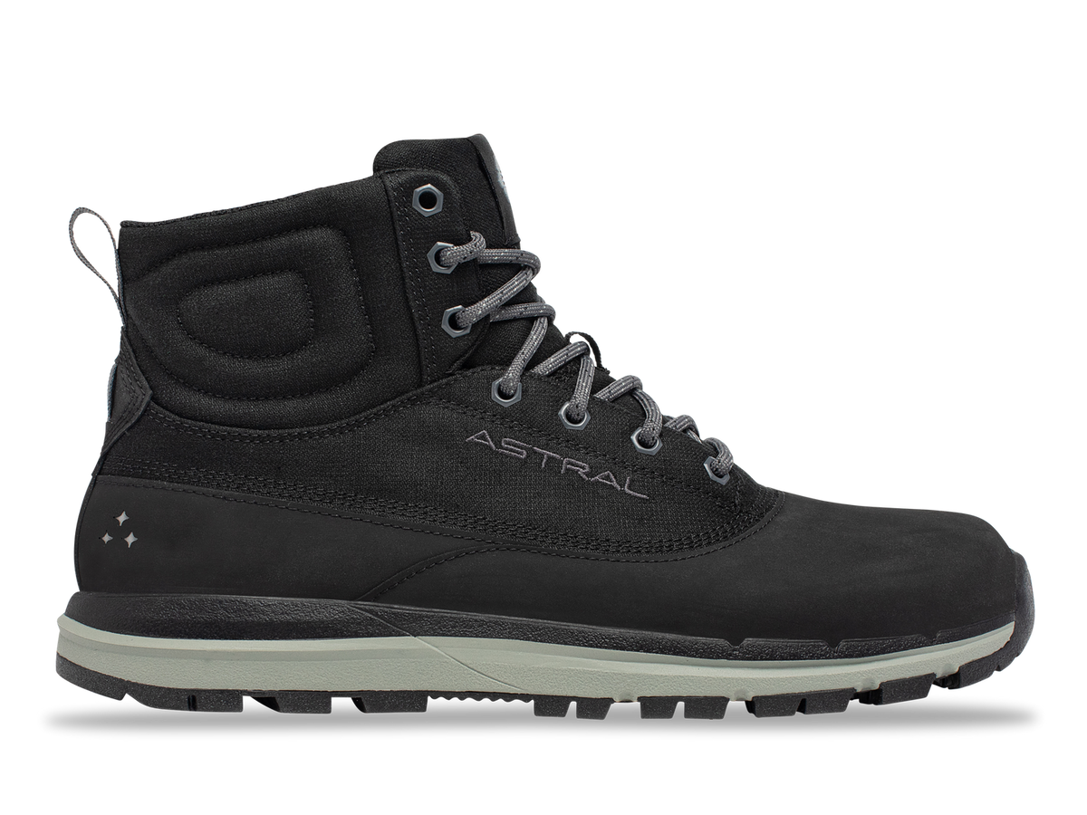 Black Astral Halestorm 2.0 high-top boot with grey laces and rugged sole on a black background.