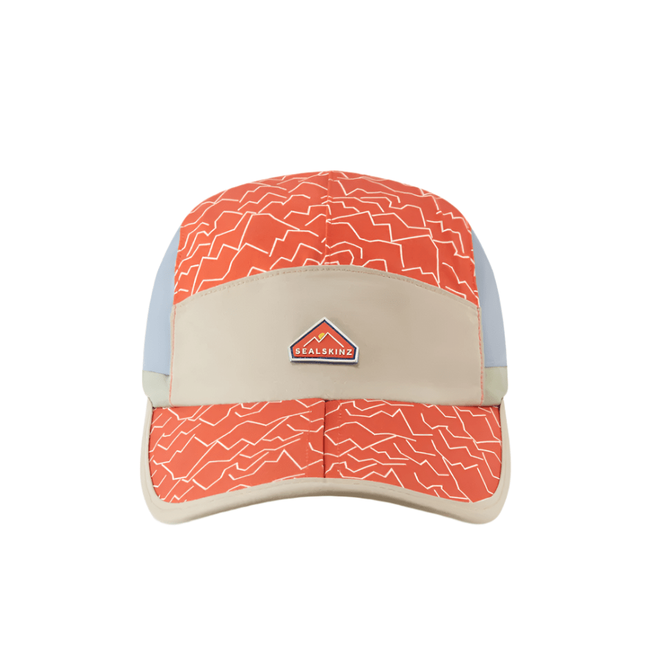 Sealskinz Poringland Hat in orange with white geometric pattern, beige front band, and light blue sides.