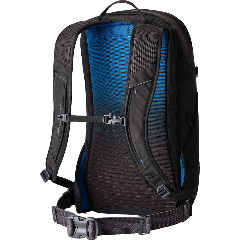 Gregory Kiro 24 backpack, back view showing black design with blue mesh ventilation and adjustable straps.