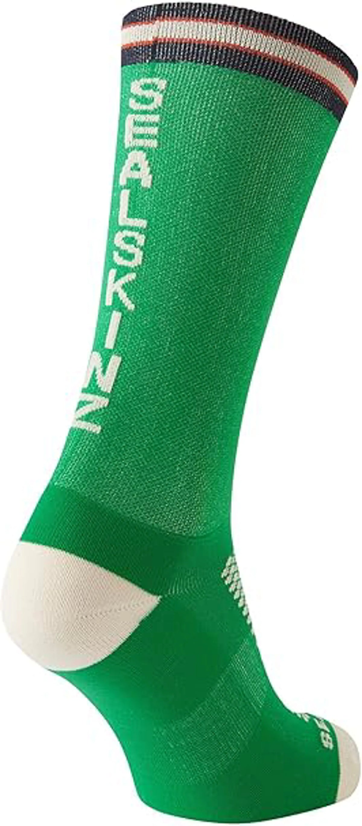 Green Sealskinz Caister sock with white branding, white heel and toe, and striped cuff