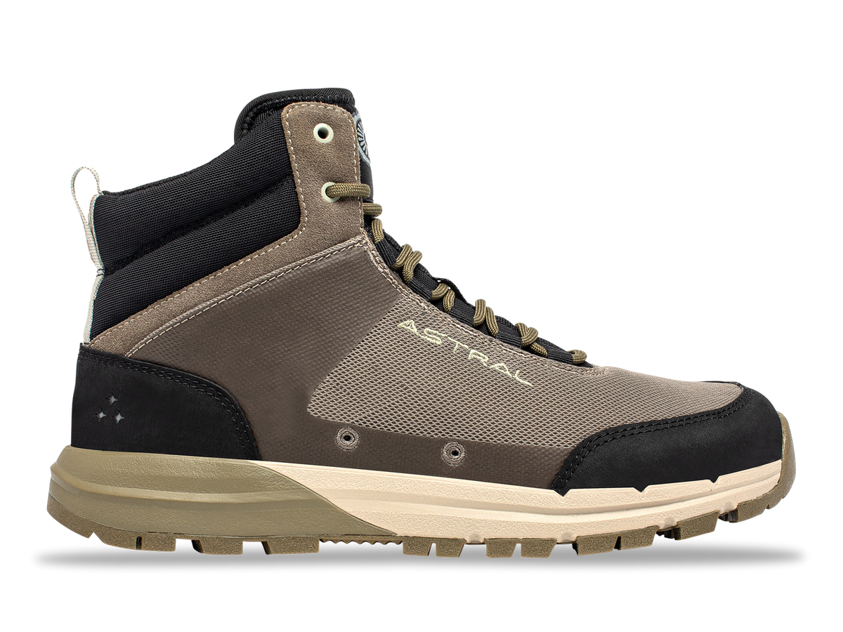 Astral Tr1 Merge hiking boot in brown and beige with black accents and green laces, side view on black background.