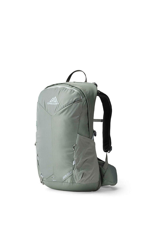 Gregory Jade 24 LT women's hiking backpack in a pale sage green color, standing upright.