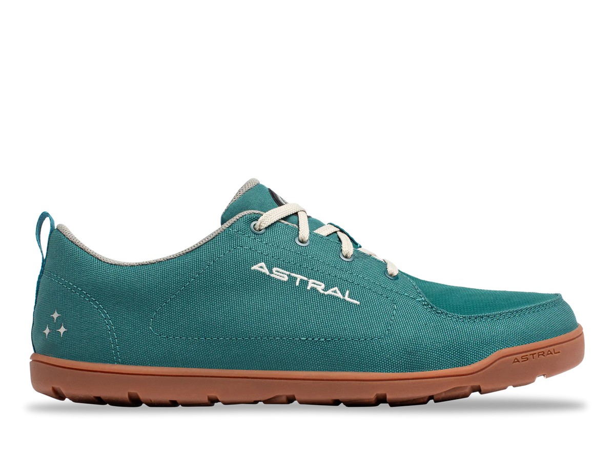 Astral Loyak AW shoe in teal green with brown sole and white laces, perfect for water activities and travel.