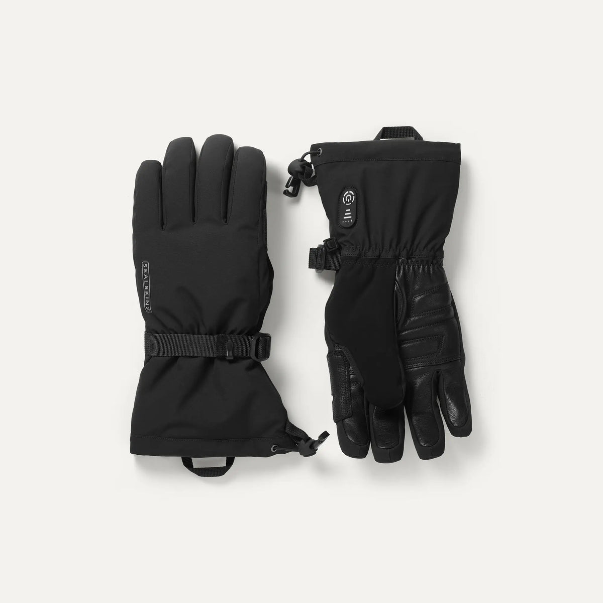 Stowbridge Gloves | Sealskinz. A pair of black heated waterproof gloves with leather palms and adjustable straps.