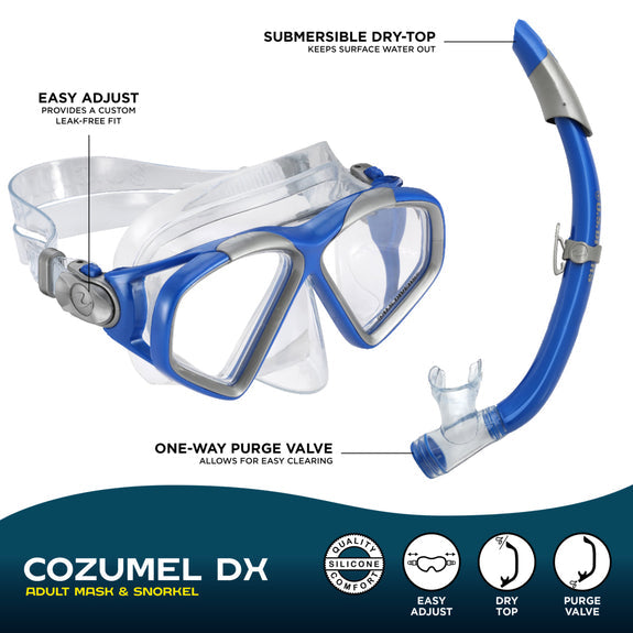 US Divers Cozumel DX Adult Combo mask and snorkel set in blue/grey with easy adjust, dry-top, purge valve.