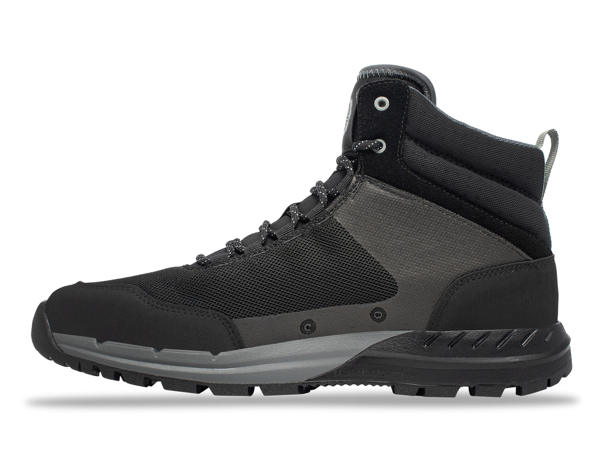 Astral Tr1 Merge black and gray hiking boot, side view, with mesh upper, lace-up design, and rugged sole.