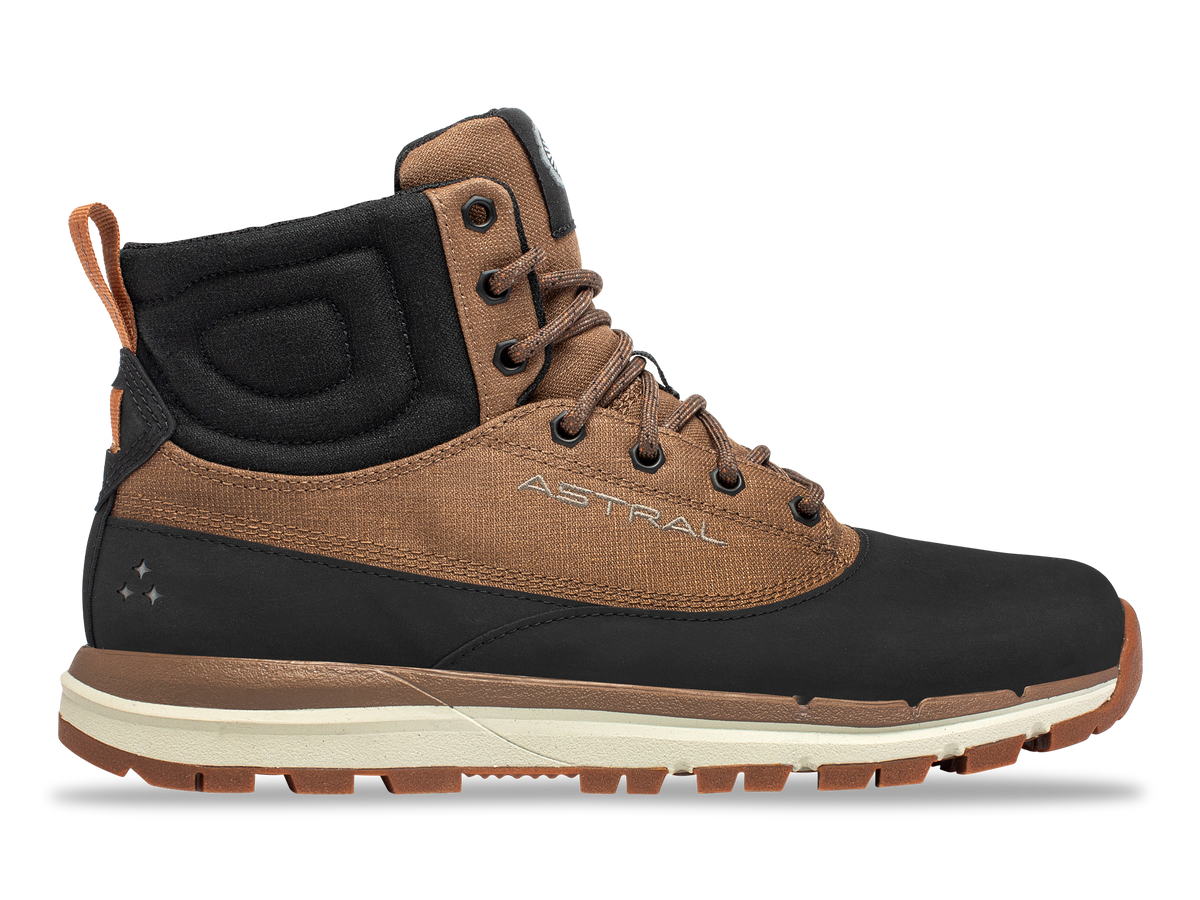 Astral Halestorm 2.0 boot in black and brown, a sturdy outdoor shoe with laces and a thick sole on a black background.