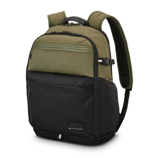 High Sierra 24/7 Pro Backpack in olive green and black, featuring padded straps, top handle, and zippered compartments.