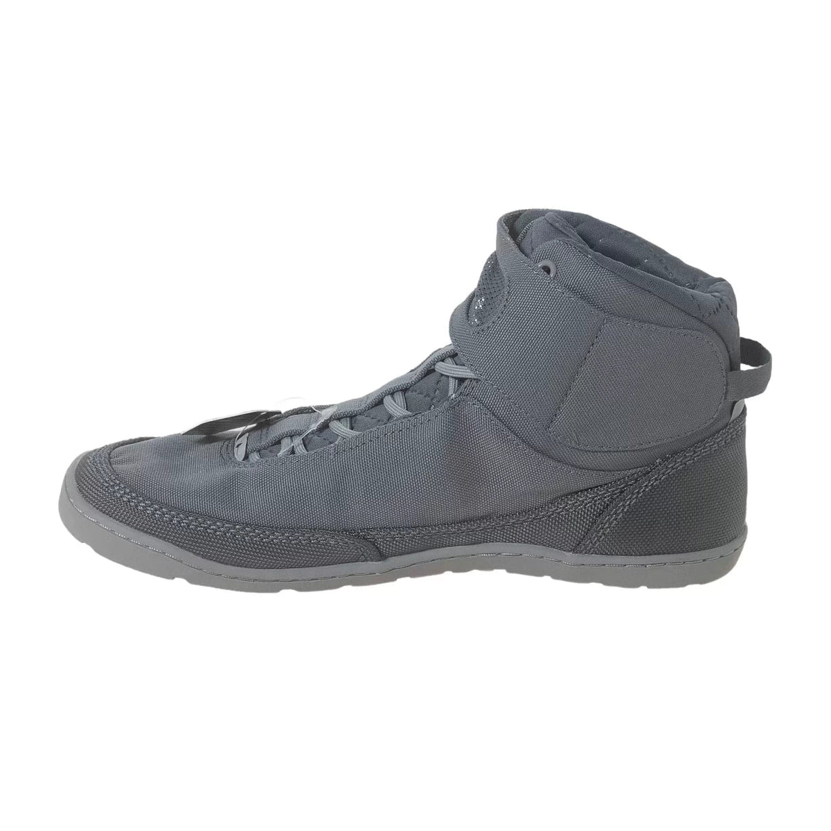 Astral Pigsah gray high-top boot, side view, with laces and textured fabric design, suitable for outdoor activities.