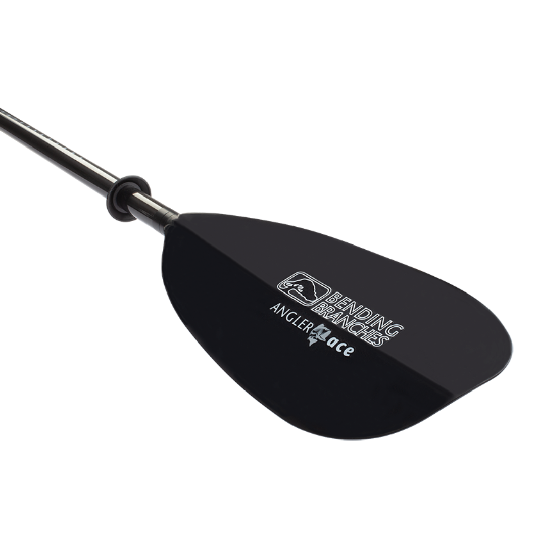 Close-up of black Bending Branches Angler Ace kayak paddle blade with white logos, ideal for fishing and recreational paddling.