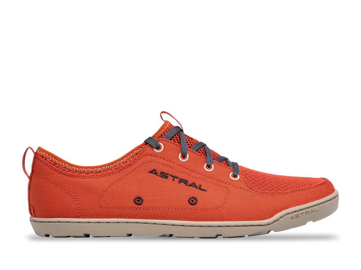 Astral Loyak M men's water shoe in vibrant orange with grey laces and light grey sole, side view.