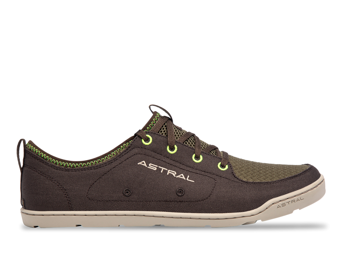 Astral Loyak M water shoe in brown and olive green with neon green accents, side view.