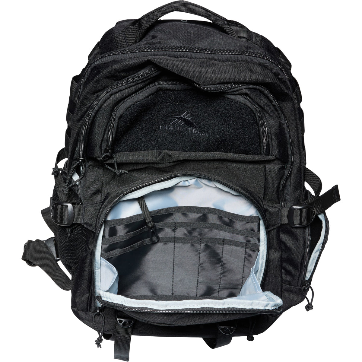Black High Sierra Pathsetter Backpack shown from above with its main compartment open, revealing multiple internal organizer pockets.