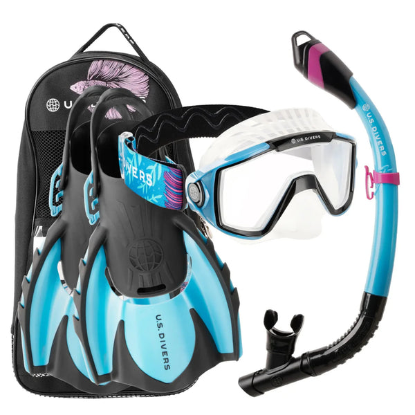 US Divers Swim Masks kit with blue fins, snorkel, and a black backpack featuring a pink betta fish graphic.