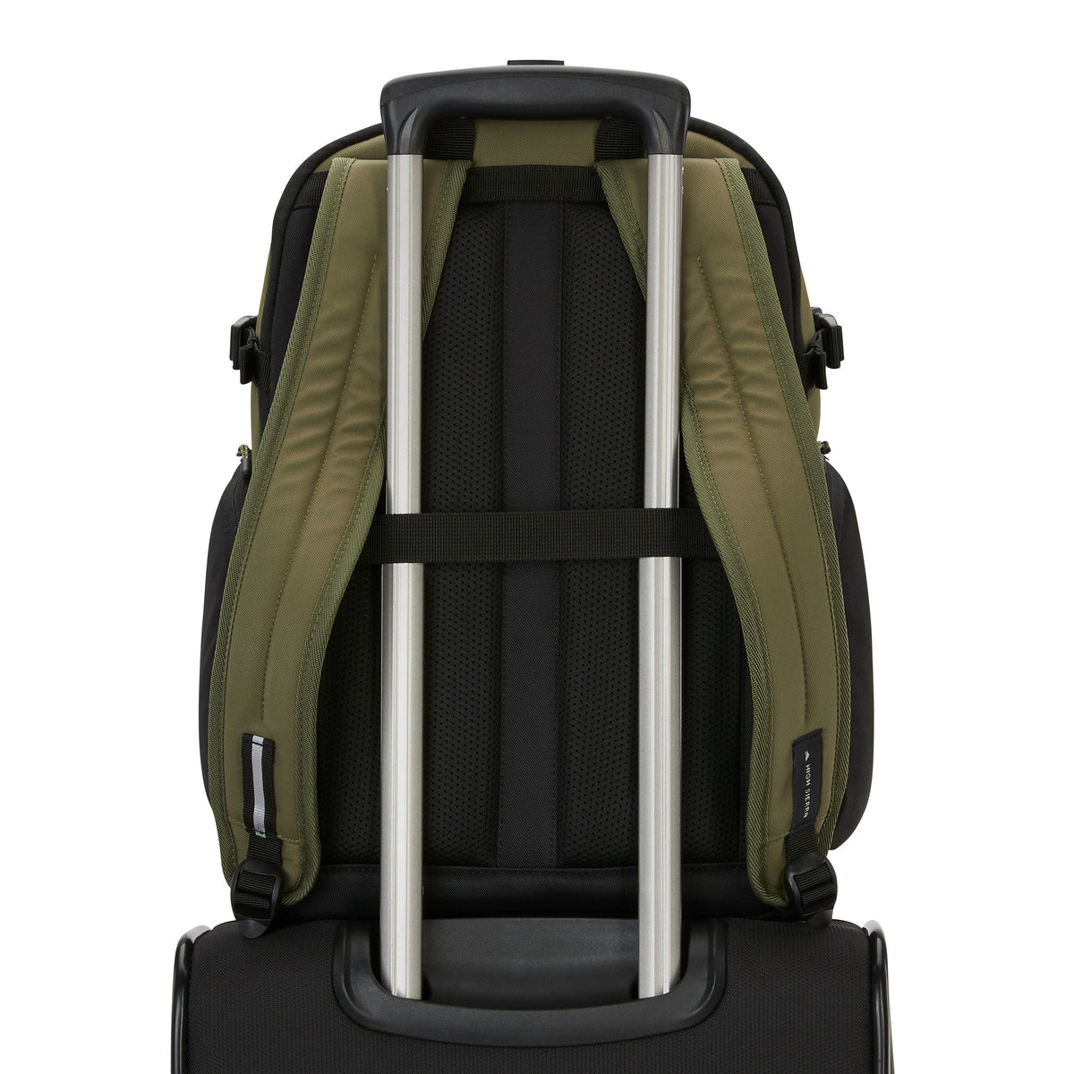 High Sierra 24/7 Pro Backpack in olive green and black, shown from the back, securely attached to a rolling luggage handle.