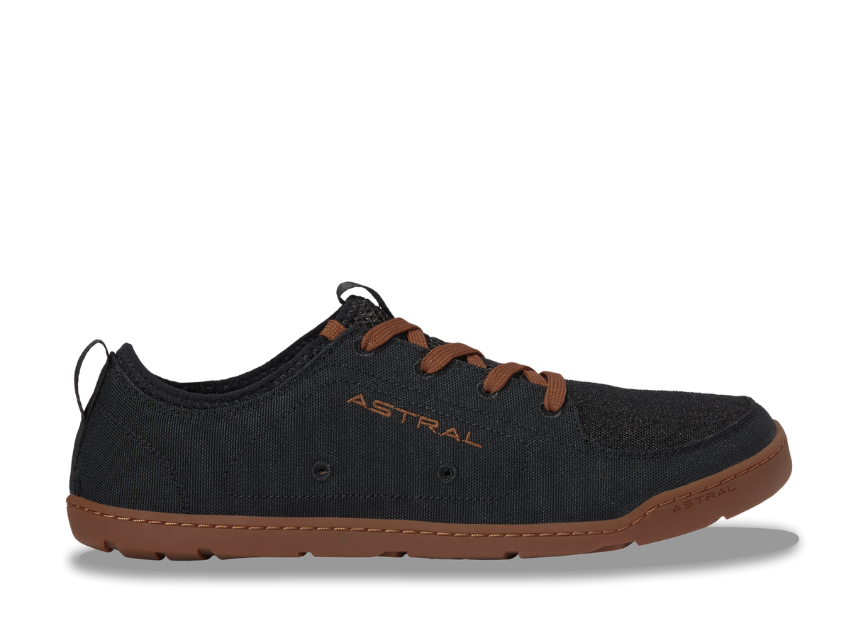 Astral Loyak M men's water shoe, black canvas with brown laces & sole, for adventure and casual wear.