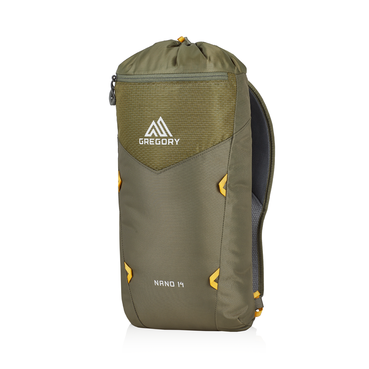 Gregory Nano 14 backpack in olive green with yellow accents, featuring a front zip pocket and drawstring top closure.