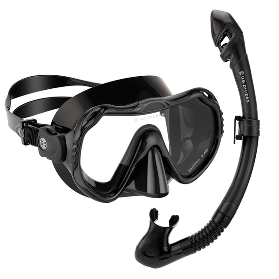 US Divers Adult Combo black diving mask and snorkel set with clear tempered glass lens, ready for snorkeling or scuba.
