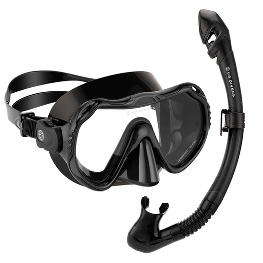 US Divers Adult Combo black diving mask and snorkel set with clear tempered glass lens, ready for snorkeling or scuba.