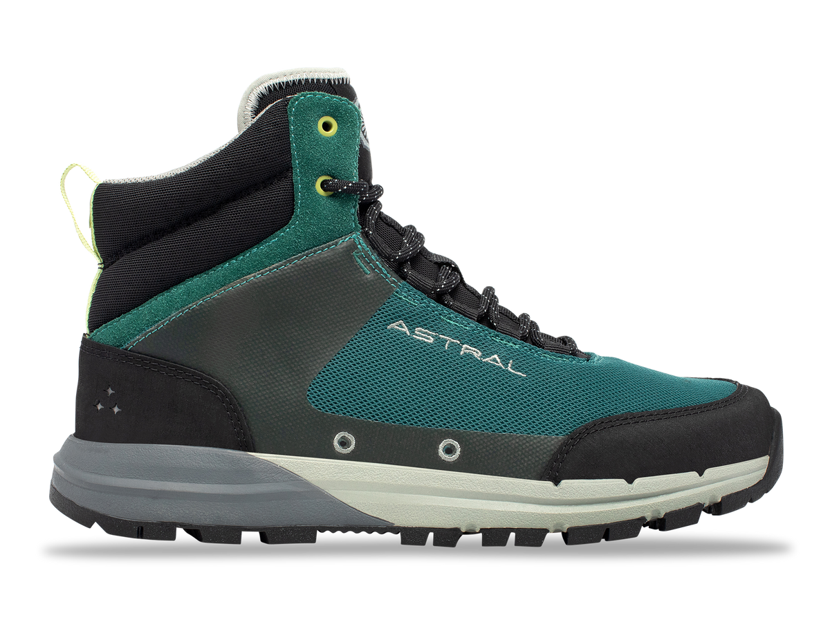 Astral Tr1 Merge hiking boots in green and black, side view. Rugged outdoor footwear for trails.