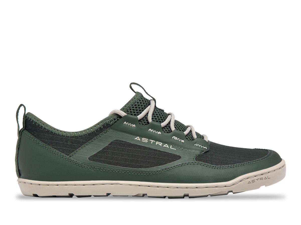 Astral Loyak AC olive green shoe, side view. Durable, breathable water shoe with mesh upper and light laces.
