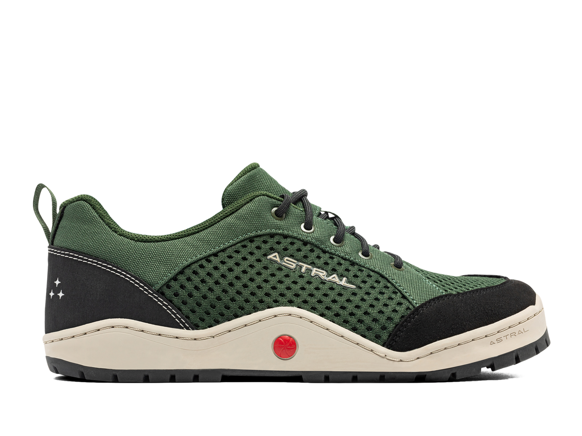Astral Techyak outdoor shoe in green with black mesh and details, white sole, perfect for water and trail activities.