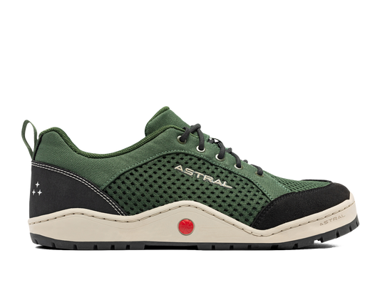 Astral Techyak outdoor shoe in green with black mesh and details, white sole, perfect for water and trail activities.