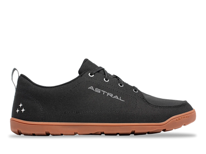 Astral Loyak AW black water shoe, side view, with brown sole, silver eyelets, and brand logo.