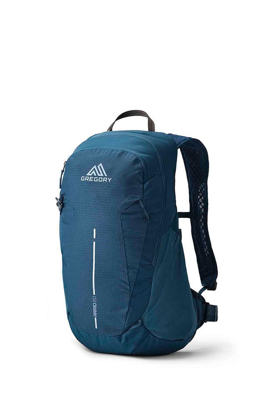 Gregory Arrio 20 blue backpack with the Gregory logo, mesh shoulder straps, and a reflective vertical stripe.