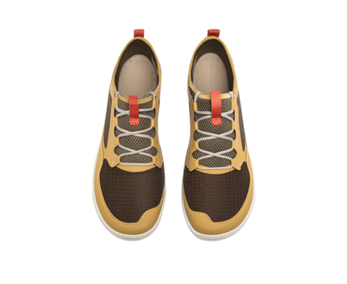 Pair of Astral Loyak AC shoes, brown and tan with mesh panels and light laces, viewed from above.