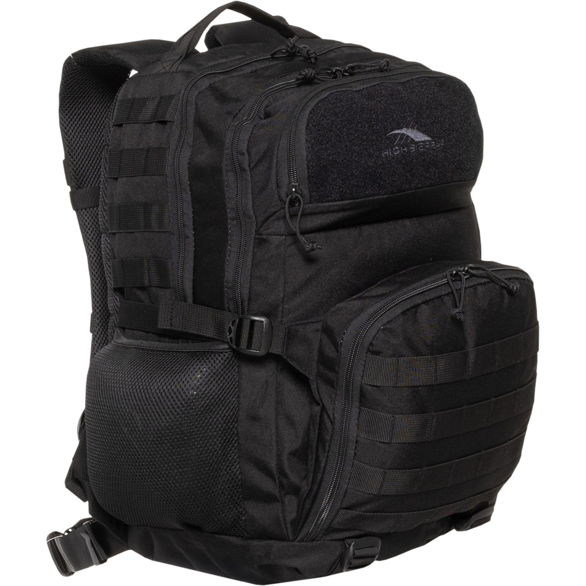 High Sierra Pathsetter Backpack in black, with multiple compartments, MOLLE webbing, and padded back and shoulder straps.