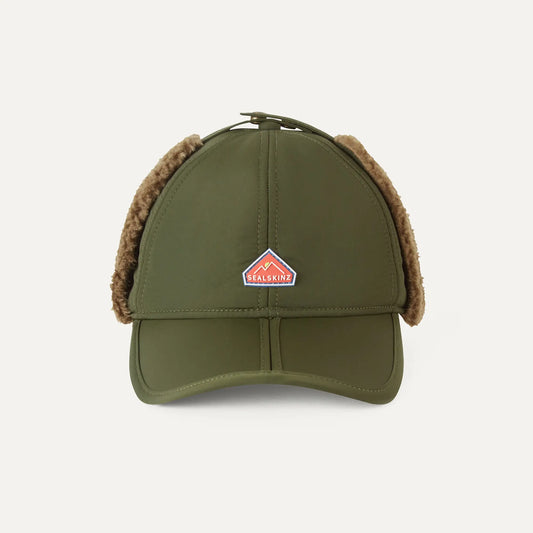 Upton Hats Sealskinz olive green ear flap hat with brown faux fur lining and brand logo patch, front view.