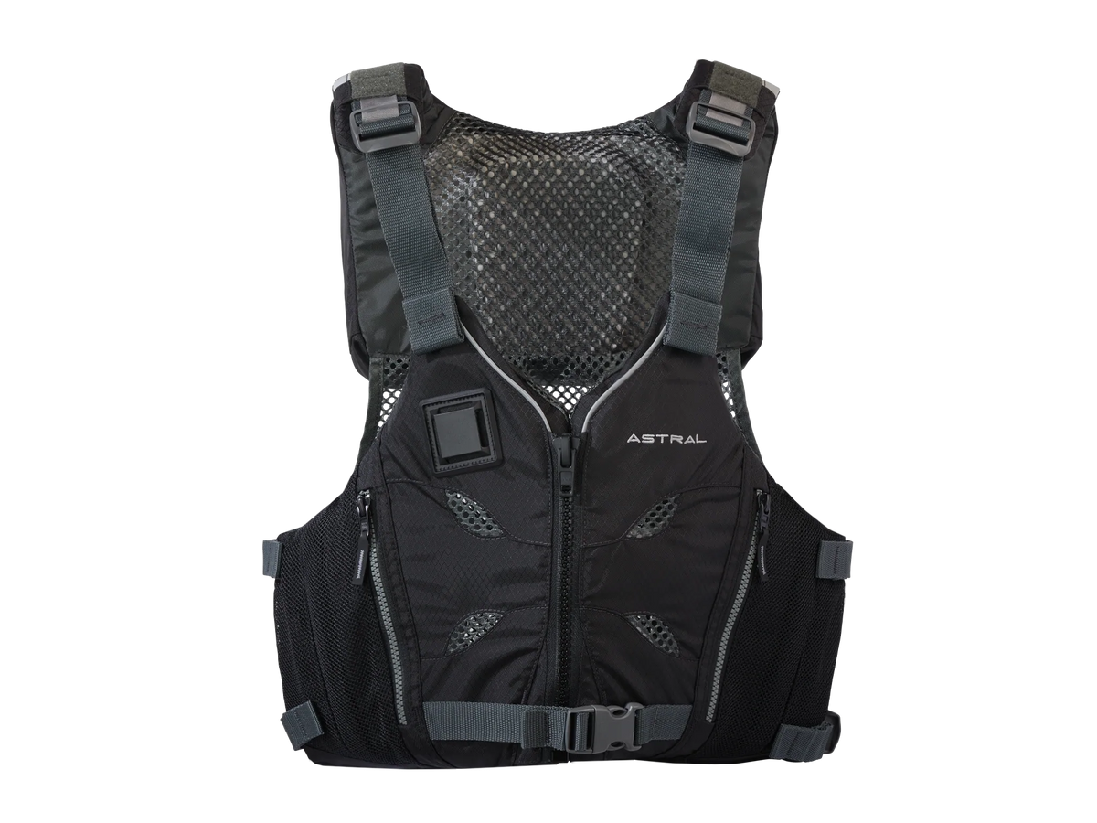 Astral EV-Eight black life vest with mesh back, front zipper, and adjustable straps.