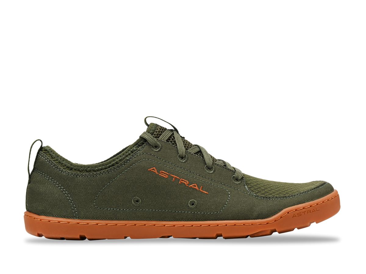 Astral Loyak M olive green men's shoe with brown sole, designed for water and land adventures. View from side.