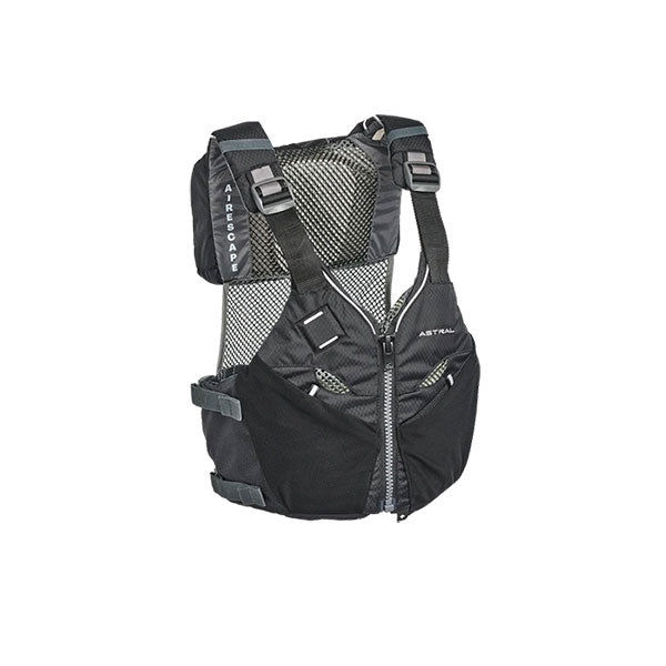 Astral EV-Eight black life vest with mesh back, front zipper, and adjustable straps for water sports.