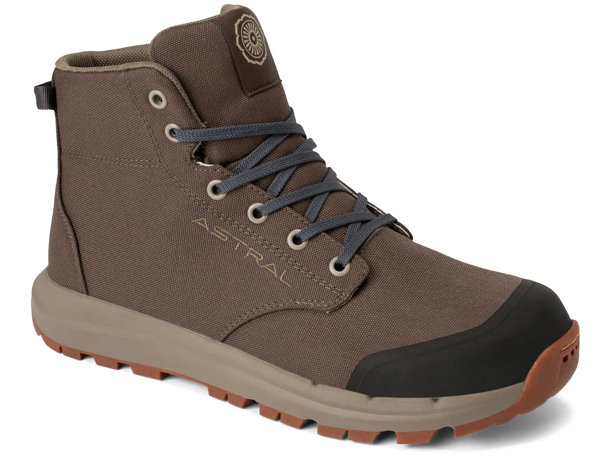 Astral Pisgah brown mid-top outdoor boot with gray laces, beige sole, and black toe cap on a white background.
