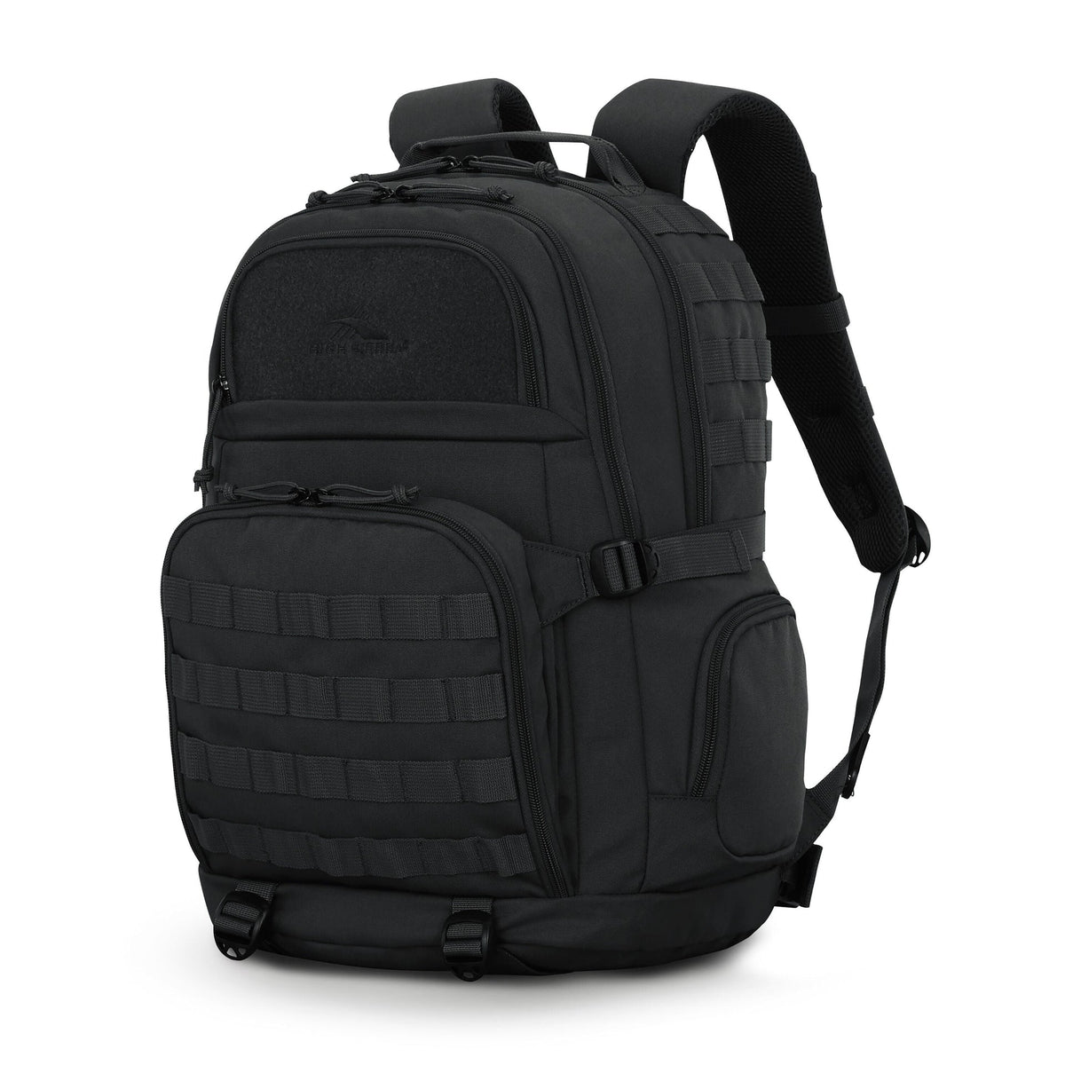 Black High Sierra Pathsetter Backpack with multiple pockets, padded straps, top handle, and molle webbing on a white background.