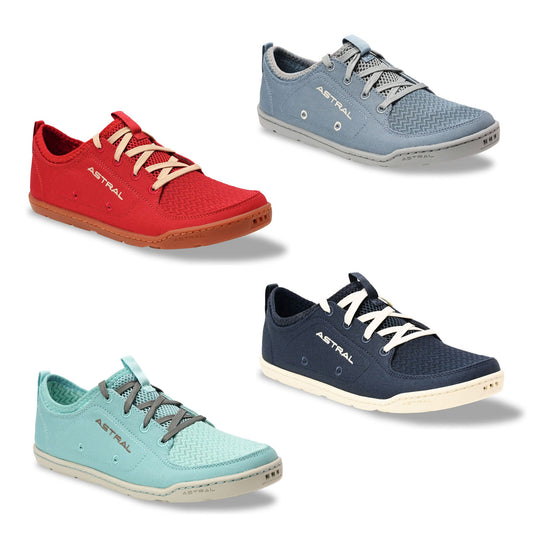 Four pairs of women's Astral Loyak shoes in red, light blue, mint green, and navy, displayed on a white background.