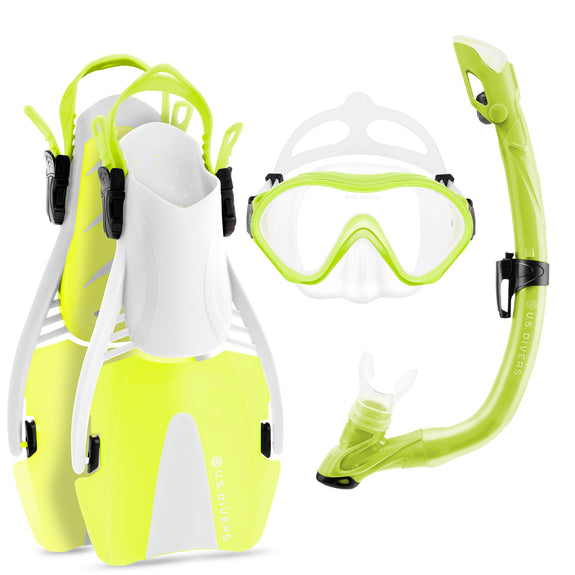 US Divers Kids Combo snorkeling set with neon green and white fins, mask, and snorkel