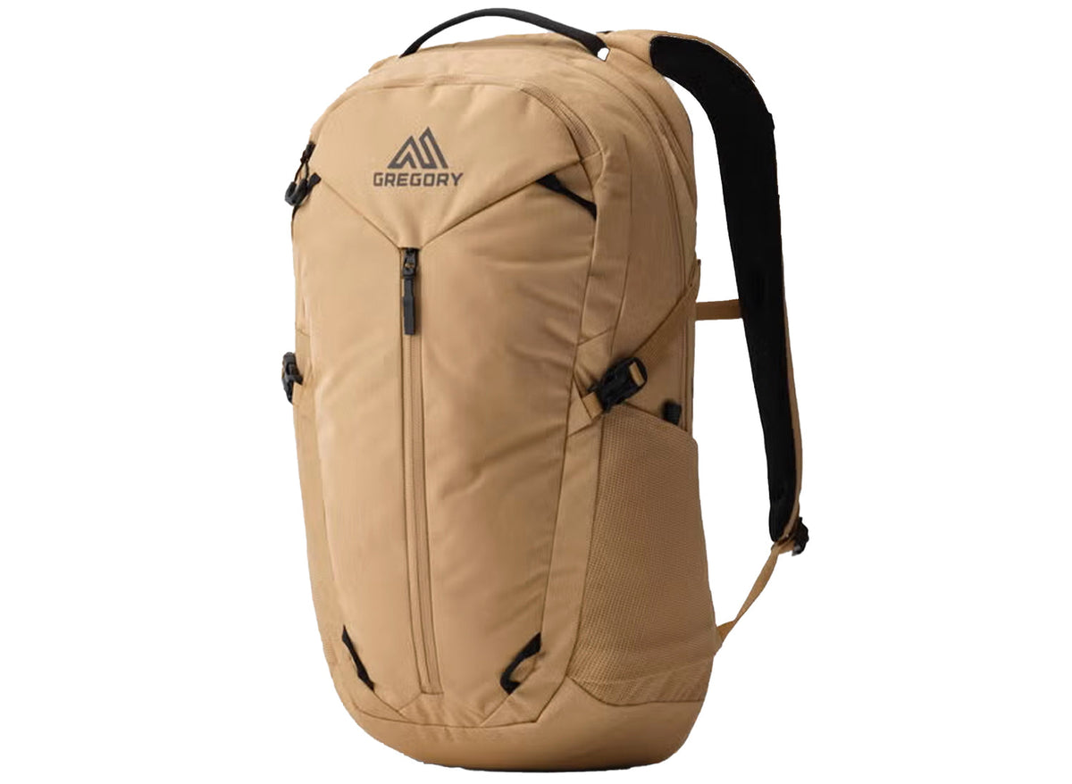 Gregory Signal 20 backpack in tan/khaki. Durable Gregory daypack with black straps and zippers for hiking, outdoor, and daily use.