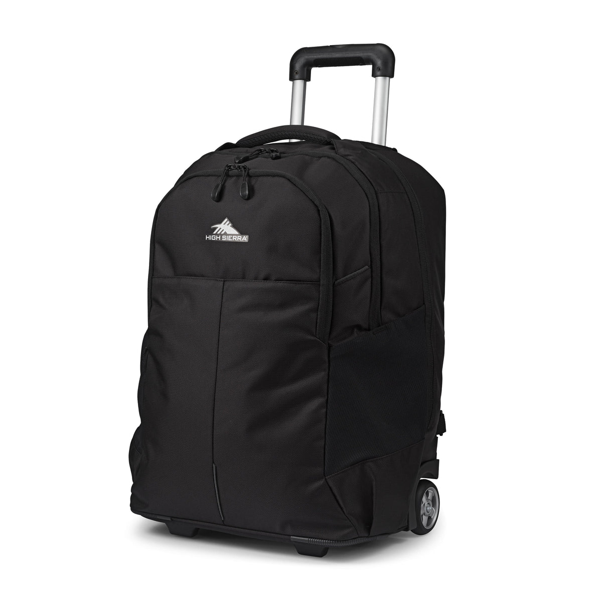 High Sierra Powerglide Pro black rolling backpack with telescoping handle and wheels.
