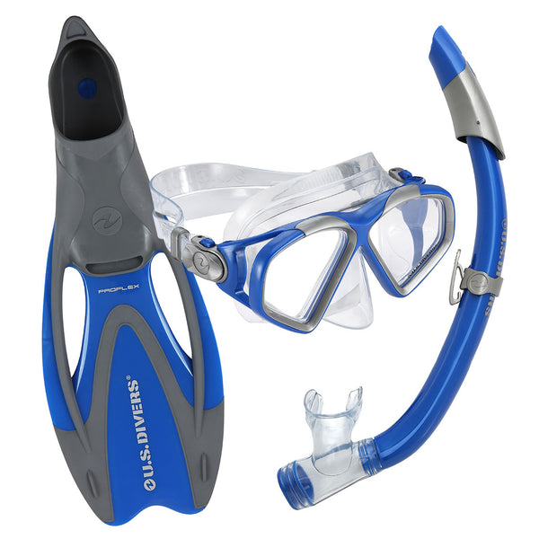 US Divers blue and grey snorkeling kit with swim mask, snorkel, and ProFlex fins.